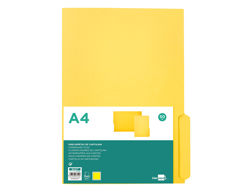 SUBCARPETA CARTULINA LIDERPAPEL DIN A4 PESTAÑA DERECHA 240G/M2 COLOR AMARILLO