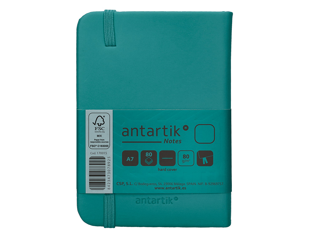 CUADERNO CON GOMILLA ANTARTIK NOTES TAPA DURA A7 HOJAS LISAS VERDE AGUAMARINA 80 HOJAS 80 GR FSC