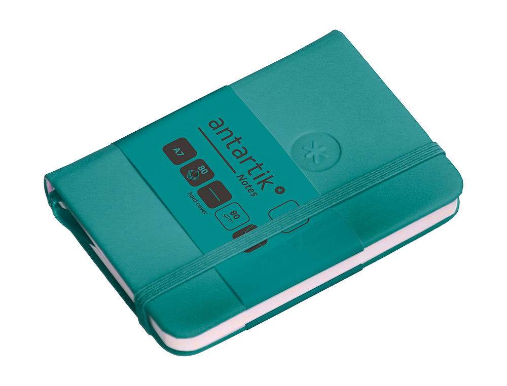 CUADERNO CON GOMILLA ANTARTIK NOTES TAPA DURA A7 HOJAS LISAS VERDE AGUAMARINA 80 HOJAS 80 GR FSC