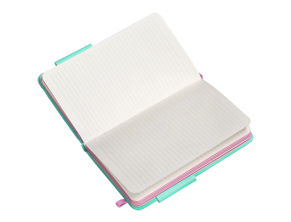 CUADERNO CON GOMILLA ANTARTIK NOTES TAPA DURA A6 HOJAS RAYAS ROSA Y TURQUESA 100 HOJAS 80 GR FSC