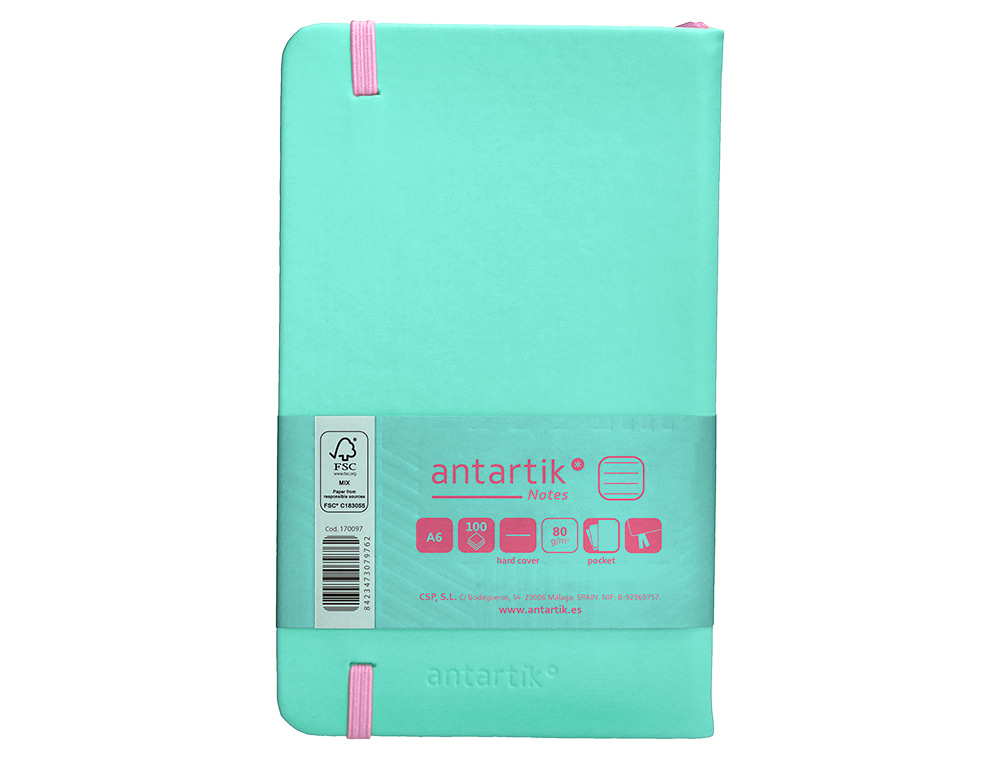 CUADERNO CON GOMILLA ANTARTIK NOTES TAPA DURA A6 HOJAS RAYAS ROSA Y TURQUESA 100 HOJAS 80 GR FSC