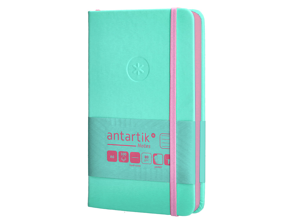 CUADERNO CON GOMILLA ANTARTIK NOTES TAPA DURA A6 HOJAS RAYAS ROSA Y TURQUESA 100 HOJAS 80 GR FSC