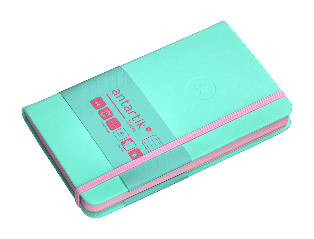 CUADERNO CON GOMILLA ANTARTIK NOTES TAPA DURA A6 HOJAS RAYAS ROSA Y TURQUESA 100 HOJAS 80 GR FSC