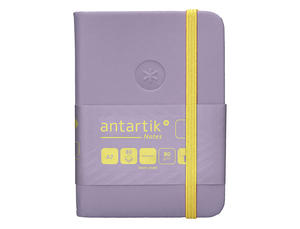 CUADERNO CON GOMILLA ANTARTIK NOTES TAPA DURA A7 HOJAS LISAS MORADO Y AMARILLO 80 HOJAS 80 GR FSC