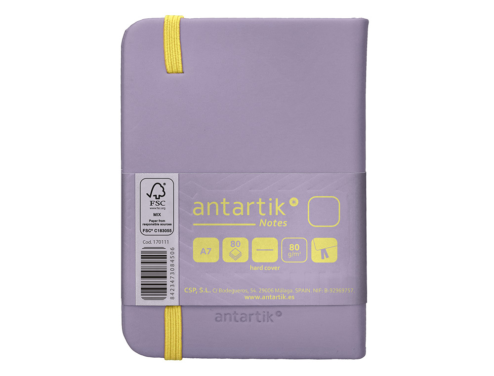 CUADERNO CON GOMILLA ANTARTIK NOTES TAPA DURA A7 HOJAS LISAS MORADO Y AMARILLO 80 HOJAS 80 GR FSC