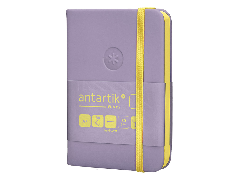 CUADERNO CON GOMILLA ANTARTIK NOTES TAPA DURA A7 HOJAS LISAS MORADO Y AMARILLO 80 HOJAS 80 GR FSC