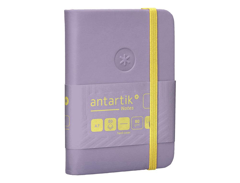 CUADERNO CON GOMILLA ANTARTIK NOTES TAPA DURA A7 HOJAS LISAS MORADO Y AMARILLO 80 HOJAS 80 GR FSC