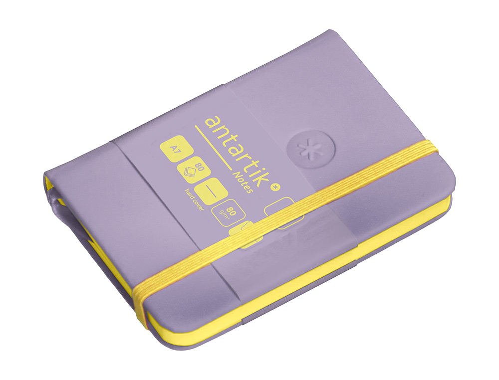 CUADERNO CON GOMILLA ANTARTIK NOTES TAPA DURA A7 HOJAS LISAS MORADO Y AMARILLO 80 HOJAS 80 GR FSC