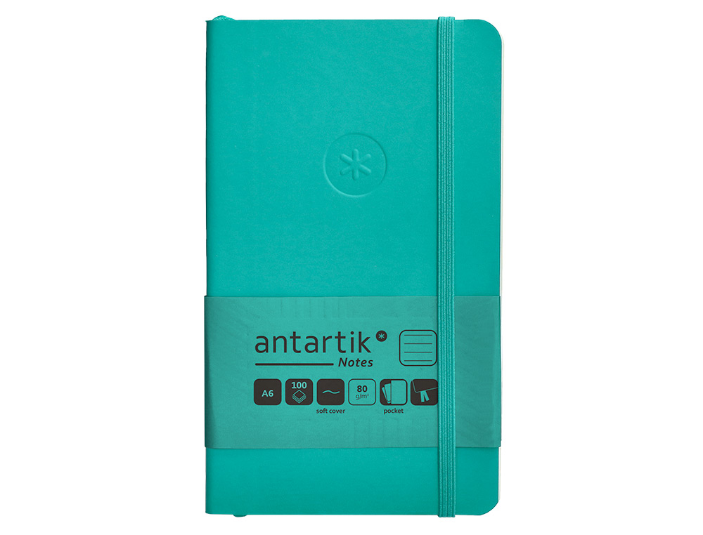 CUADERNO CON GOMILLA ANTARTIK NOTES TAPA BLANDA A6 RAYAS TURQUESA 100 HOJAS 80 GR FSC
