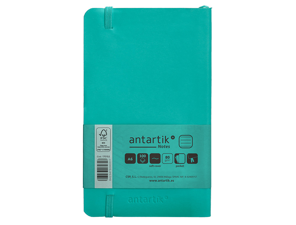 CUADERNO CON GOMILLA ANTARTIK NOTES TAPA BLANDA A6 RAYAS TURQUESA 100 HOJAS 80 GR FSC