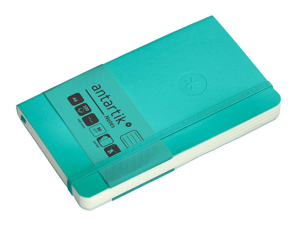 CUADERNO CON GOMILLA ANTARTIK NOTES TAPA BLANDA A6 RAYAS TURQUESA 100 HOJAS 80 GR FSC