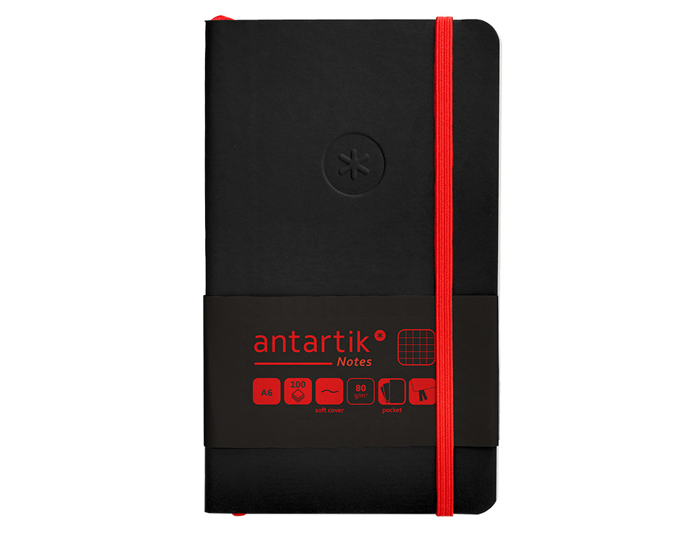 CUADERNO CON GOMILLA ANTARTIK NOTES TAPA BLANDA A6 CUADRICULA NEGRO Y ROJO 100 HOJAS 80 GR FSC