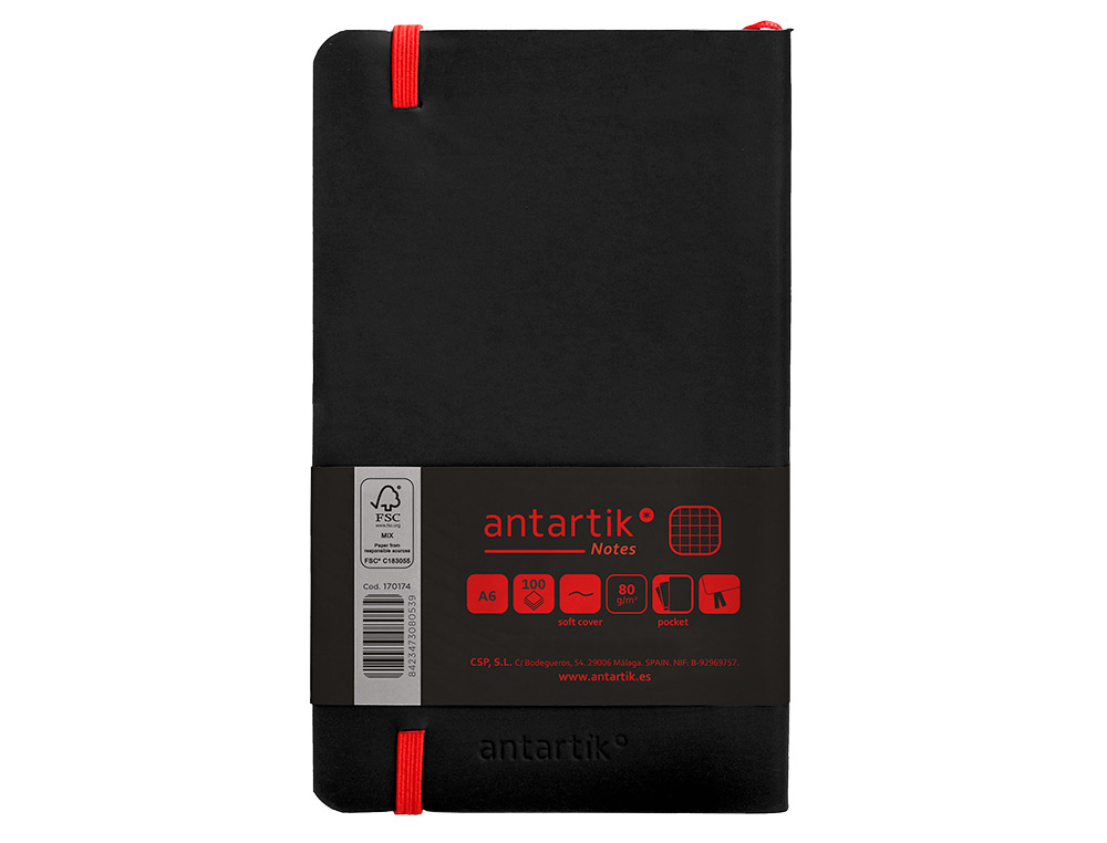 CUADERNO CON GOMILLA ANTARTIK NOTES TAPA BLANDA A6 CUADRICULA NEGRO Y ROJO 100 HOJAS 80 GR FSC