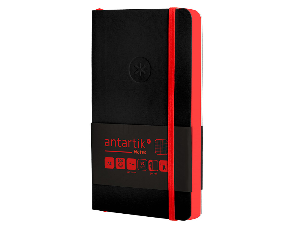 CUADERNO CON GOMILLA ANTARTIK NOTES TAPA BLANDA A6 CUADRICULA NEGRO Y ROJO 100 HOJAS 80 GR FSC