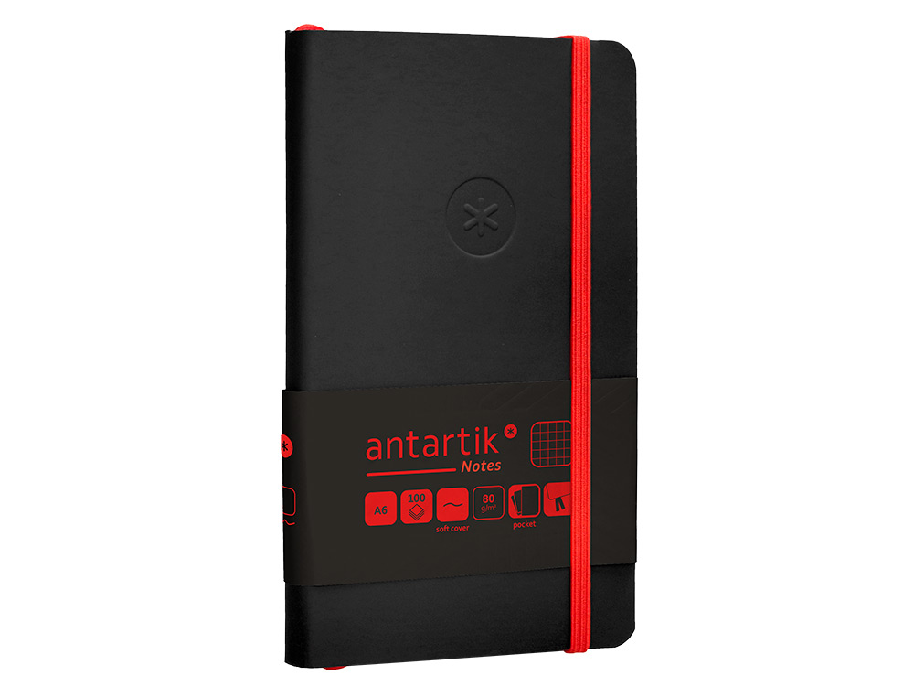 CUADERNO CON GOMILLA ANTARTIK NOTES TAPA BLANDA A6 CUADRICULA NEGRO Y ROJO 100 HOJAS 80 GR FSC