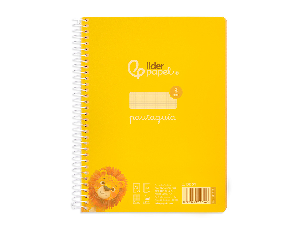 CUADERNO ESPIRAL LIDERPAPEL A5 PAUTAGUIA TAPA PLASTICO 80H 90GR CUADRO PAUTADO 3 MM CON MARGEN COLOR AMARILLO