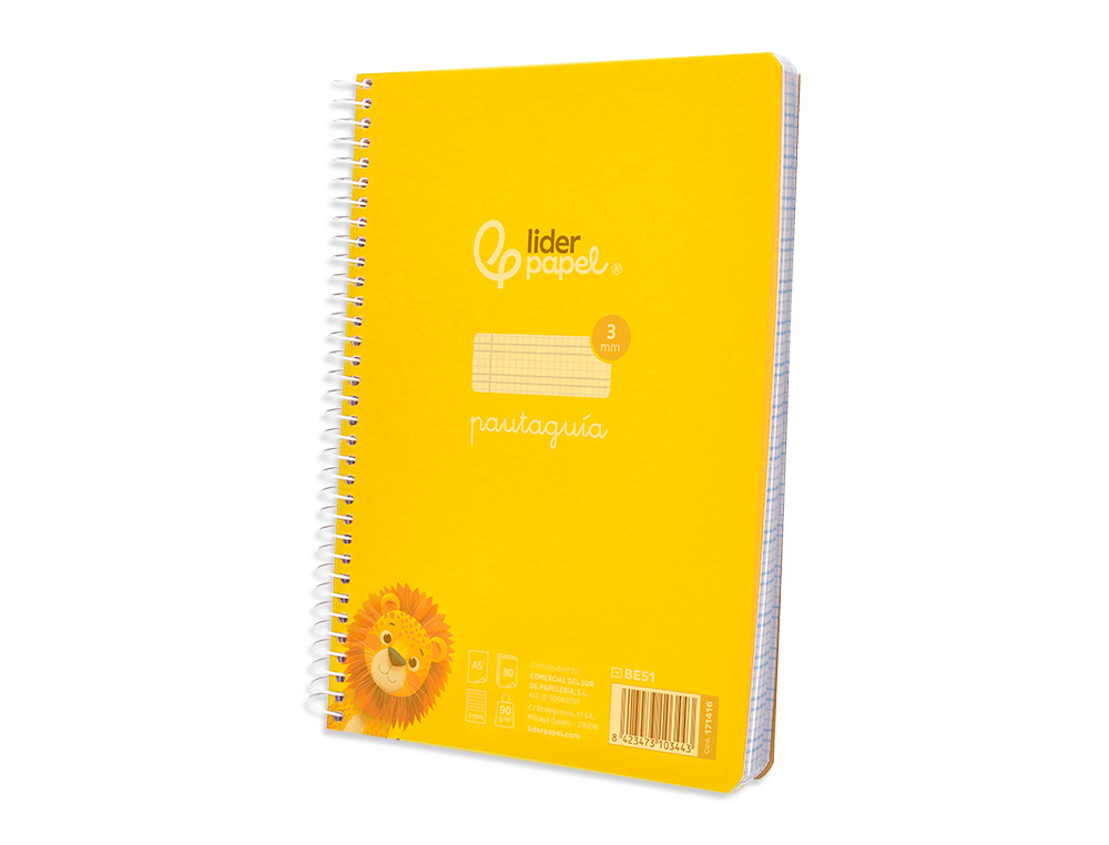 CUADERNO ESPIRAL LIDERPAPEL A5 PAUTAGUIA TAPA PLASTICO 80H 90GR CUADRO PAUTADO 3 MM CON MARGEN COLOR AMARILLO