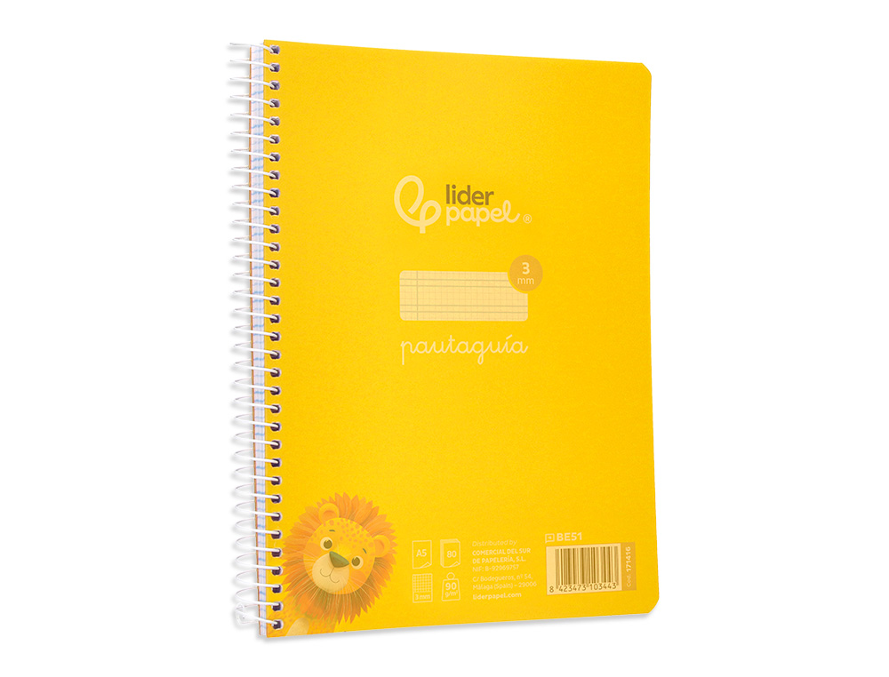 CUADERNO ESPIRAL LIDERPAPEL A5 PAUTAGUIA TAPA PLASTICO 80H 90GR CUADRO PAUTADO 3 MM CON MARGEN COLOR AMARILLO