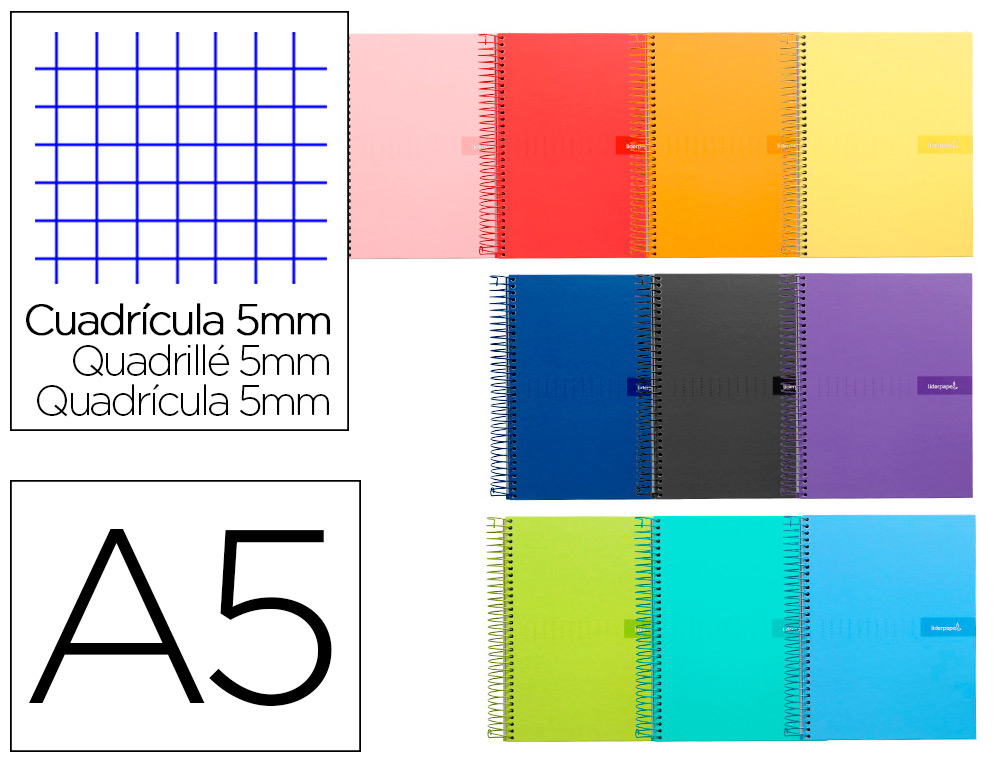 CUADERNO ESPIRAL LIDERPAPEL A5 CRAFTY TAPA FORRADA 80H 90GR CUADRO 5 MM CON MARGEN COLORES SURTIDOS